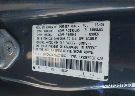2007 Honda Accord 2.4 Lx from USA, damaged, VIN 1HGCM56477A072067